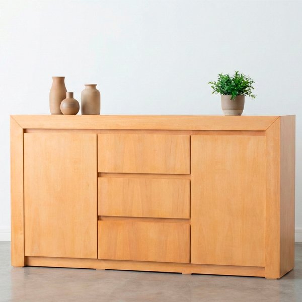 Bahiut modelo Camello de madera en tono natural con tres cajones centrales y dos puertas laterales, diseño minimalista para sala o comedor.