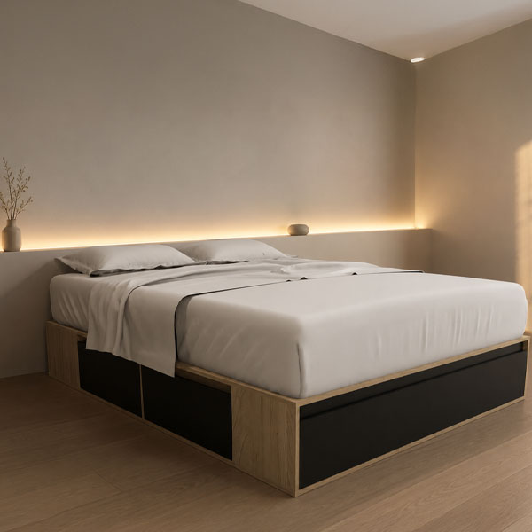 Box de cama multifunción con cajones laterales y compartimentos rebatibles fabricado en melamina color a elección.