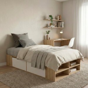 Base de cama tipo box de madera clara con cuatro nichos abiertos frontales y dos cajones laterales amplios en color blanco, con colchón gris y almohadas decorativas.