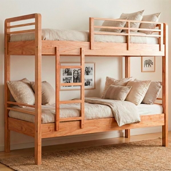 Cama cucheta de madera maciza con escalera lateral y barandas de seguridad para dormitorio juvenil.