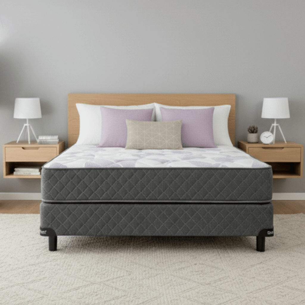 uego de Colchón y Sommier Belmo Belspring 1 con resortes bicónicos y tela de jackard totalmente matelaseada.