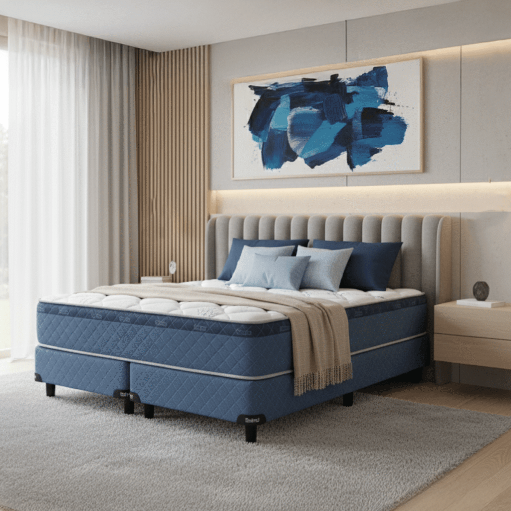 Vista en perspectiva del conjunto Colchón y Sommier Belmo Belspring 3, mostrando su tapizado en tela Jackard matelasseada y la base de sommier rígida.