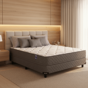 Conjunto de Colchón y Sommier Belmo Density 1 de espuma de alta densidad, con tapizado en tela resistente y base de madera rígida.