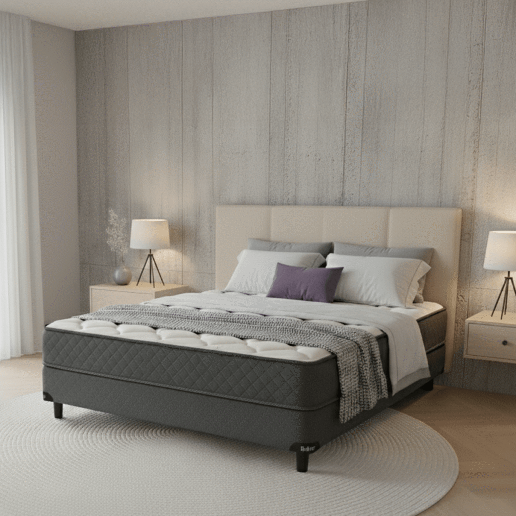 Conjunto Colchón y Sommier Belmo Density 2 de espuma de alta densidad, con tapizado en tela Jackard de diseño exclusivo y base rígida.