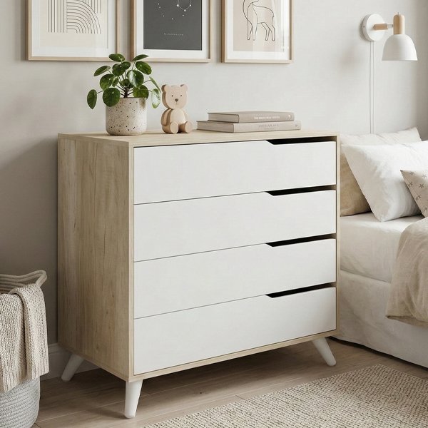 Cómoda de cuatro cajones con estructura de melamina texturada tono Helsinki (madera clara) y frentes de cajón en MDF laqueado blanco. Posee patas de madera inclinadas estilo retro y un diseño de tiradores tipo uñero.