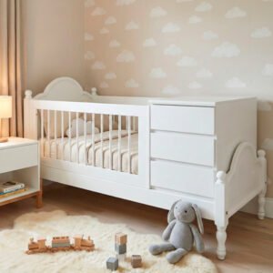 Cuna funcional de madera color blanco con cajonera incorporada y detalles curvos tipo nube en los laterales, estilo clásico y minimalista.