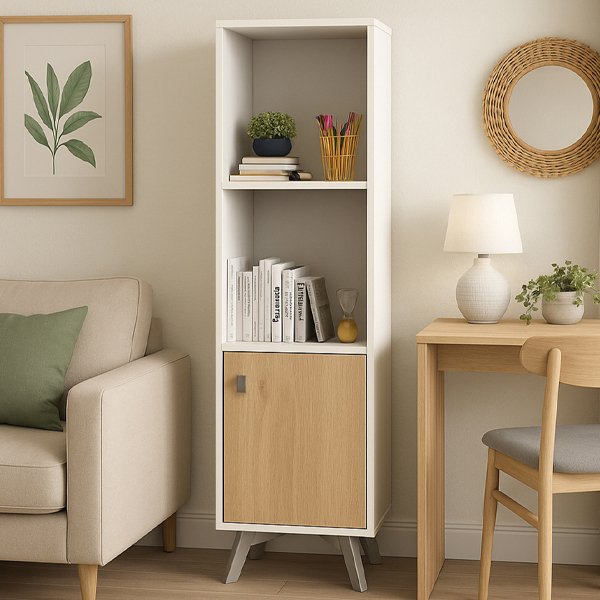 Estantería alta y estrecha de estilo escandinavo con estructura blanca, dos estantes abiertos superiores que contienen libros y plantas, una puerta inferior de madera clara con tirador metálico y patas grises inclinadas. Ubicada en un salón de tonos neutros junto a un escritorio.