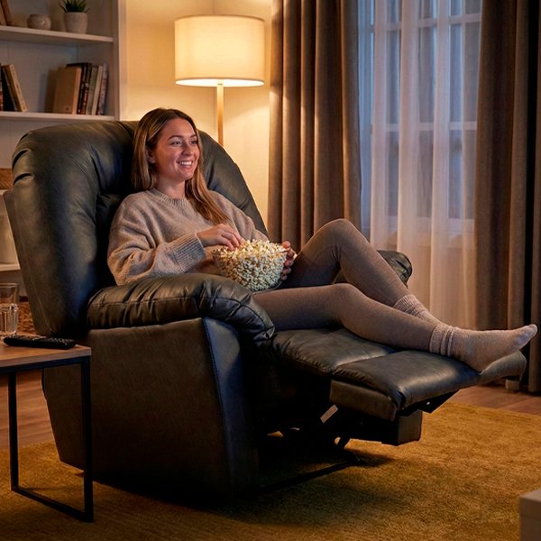 Poltrona reclinable modelo London, muy acolchada, con el reposapiés extendido