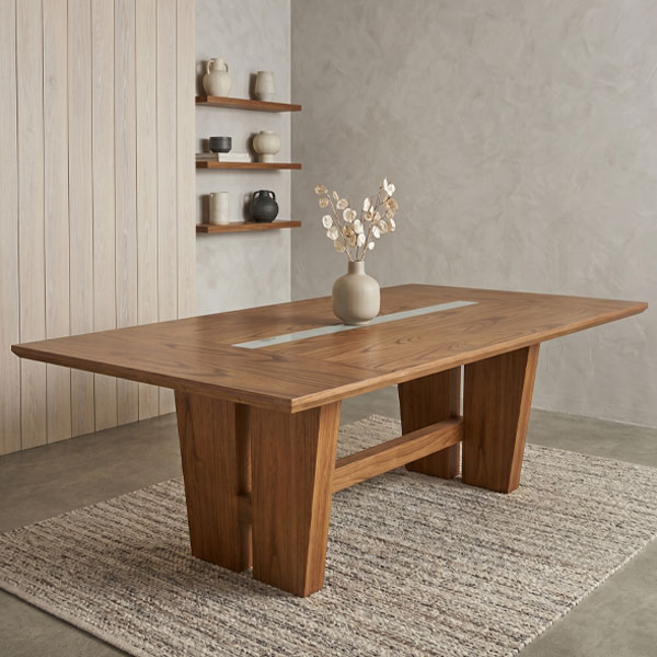 Mesa de comedor modelo Aleph de 2.20 x 1.20 metros, fabricada en madera enchapada de paraíso, vista técnica sobre fondo blanco con sombras suaves.