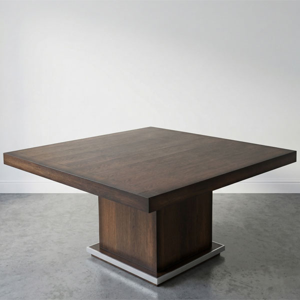 Mesa cuadrada de madera oscura modelo Decor con base de pedestal central y detalle metálico en ambiente moderno.