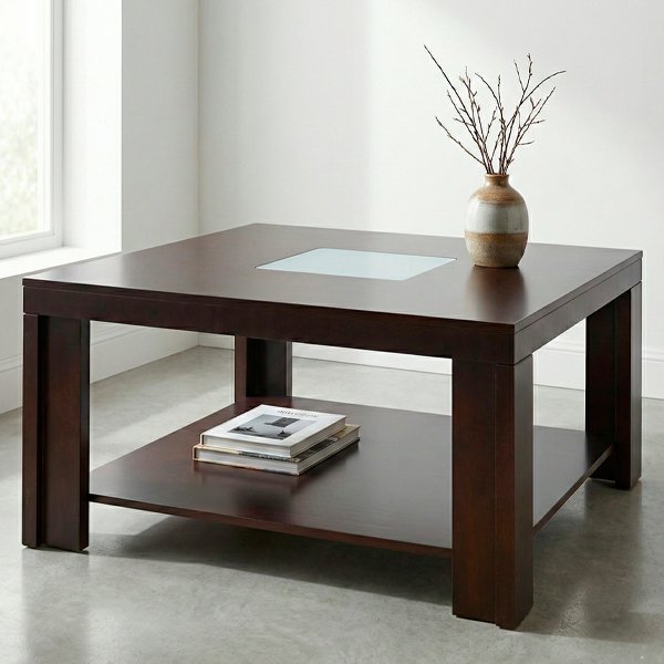 Mesa de centro cuadrada de madera oscura con inserto de vidrio central y estante inferior en un living moderno con piso de cemento.