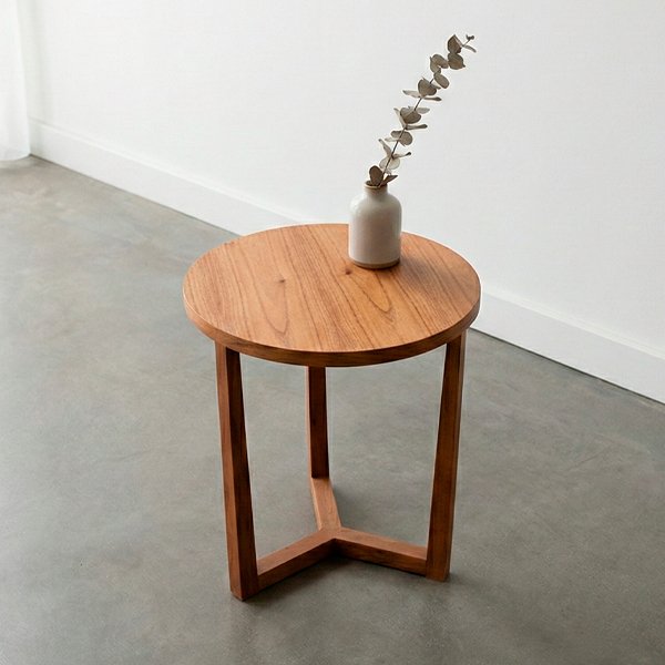 Mesa de centro redonda madera en living moderno estilo nórdico piso cemento