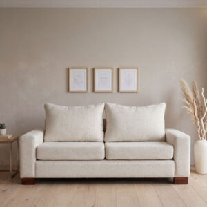 Sofa Osiris de 2 cuerpos color beige claro visto de tres cuartos con cotas de medida