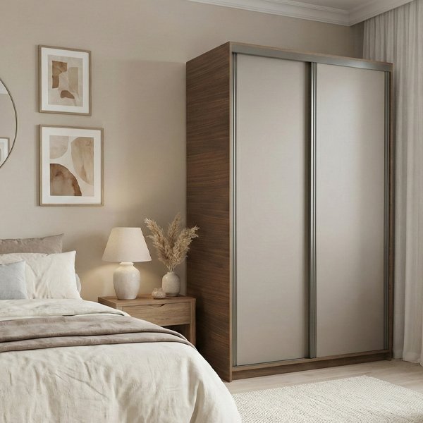 Armario de dos puertas correderas modelo 6083. Presenta una estructura con textura de madera nogal en los laterales y paneles frontales en color gris liso. Está ambientado en un dormitorio juvenil con decoración moderna, paredes geométricas y luz cálida.