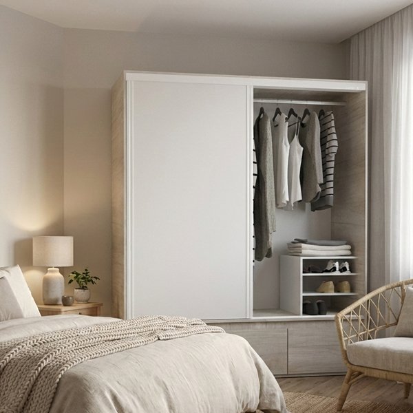 Placard de dos puertas corredizas modelo 6092 con perfiles de aluminio y tiradores integrados. El mueble presenta un acabado en melamina texturada, diseñado para optimizar el espacio en dormitorios modernos gracias a su sistema de apertura deslizante.