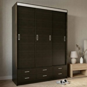 Placard de gran tamaño modelo 6404 en color Dakar (wengue oscuro) con tres puertas corredizas superiores y seis cajones externos con tiradores metálicos, fabricado en melamina de 18mm de alta resistencia.