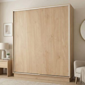 Placard de dos puertas corredizas de 1,80 metros de ancho, fabricado en melamina Roble Kendal con vetas naturales, ubicado en un dormitorio moderno decorado en tonos neutros y estilo minimalista.