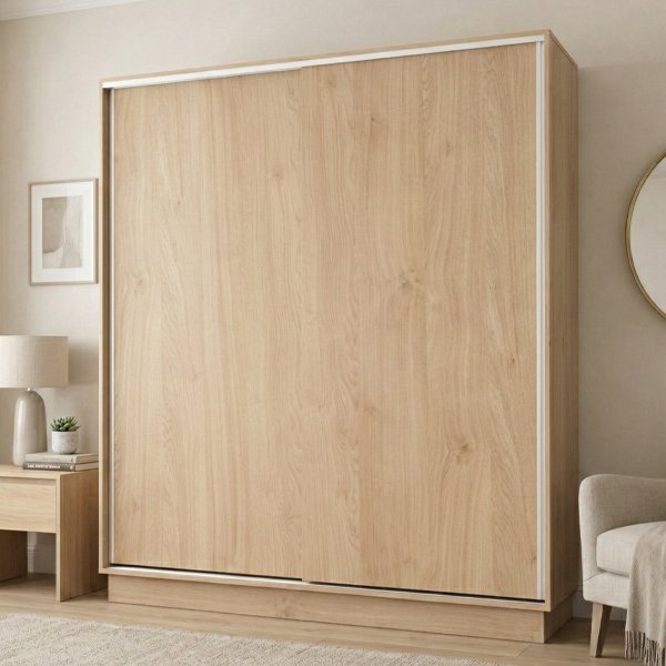 Placard de dos puertas corredizas de 1,80 metros de ancho, fabricado en melamina Roble Kendal con vetas naturales, ubicado en un dormitorio moderno decorado en tonos neutros y estilo minimalista.