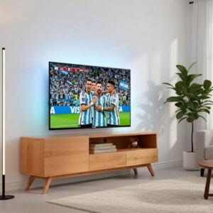 Rack de TV modelo 165 fabricado en madera de paraíso natural con estantes y compartimentos, marca Hiper Muebles.