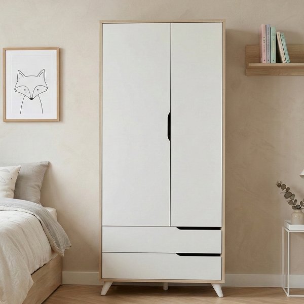 Ropero de estilo nórdico con estructura en melamina color madera clara (Helsinki) y frentes de dos puertas y dos cajones en MDF laqueado blanco. El mueble cuenta con patas inclinadas blancas y tiradores integrados, ubicado en un dormitorio juvenil de tonos neutros.