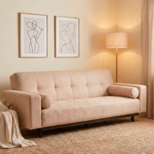 Sofá cama Oslo de diseño moderno en tela color beige neutro, con apoyabrazos rectos y cojines cilíndricos laterales, mostrado en formato técnico sobre fondo blanco.