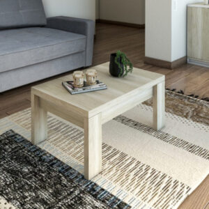 Mesa de centro elevable modelo Doppia en melamina color Helsinki con la tapa levantada mostrando su espacio de guardado.