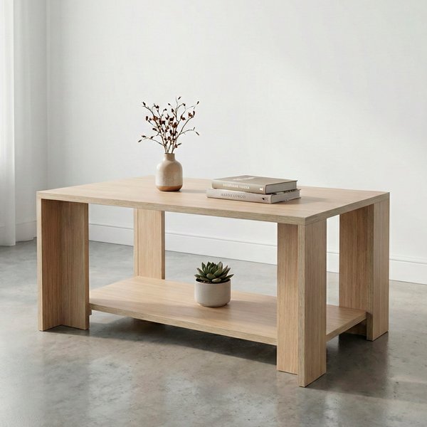 Mesa de centro rectangular de madera tono roble claro con estante inferior, decorada con libros, un jarrón con ramas secas y una suculenta, ubicada sobre una alfombra beige en un living de estilo nórdico y minimalista.