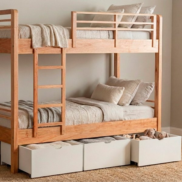 Cama cucheta de madera clara con escalera integrada y tres cajones blancos de almacenamiento debajo, ambientada en un dormitorio con tonos neutros.