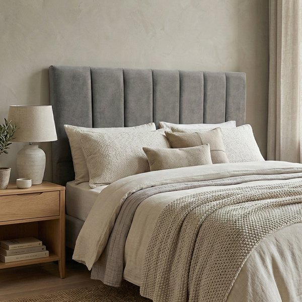 Respaldo de cama Aura tapizado en tela color gris con diseño de paneles verticales acolchados en la parte superior y base lisa.