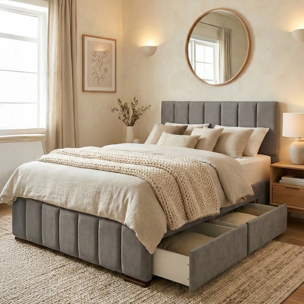 Detalle del conjunto en color gris, mostrando la apertura de los amplios cajones laterales diseñados para maximizar el orden en el dormitorio