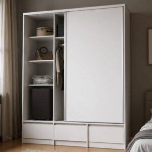 Placard de melamina blanca de 1,80 metros de ancho con dos puertas corredizas (una abierta) que muestran un interior organizado con estantes, barral para colgar y maletas; en la base se observan tres cajones exteriores amplios.