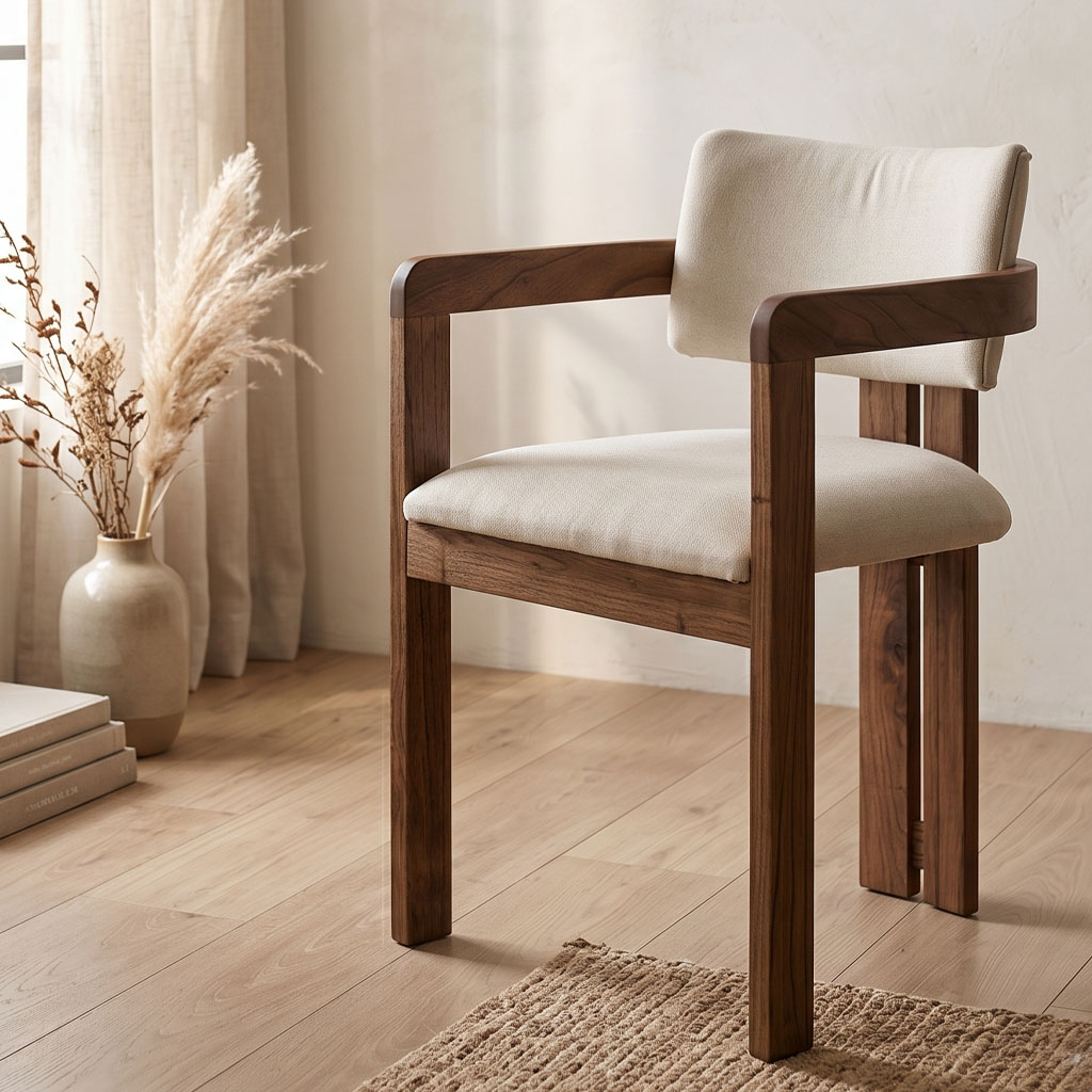 Silla de comedor moderna modelo Victoria de perfil bajo, con estructura artesanal de madera de nogal maciza y tapizado de lino texturizado color crema, vista de tres cuartos en un ambiente de comedor minimalista y luminoso.