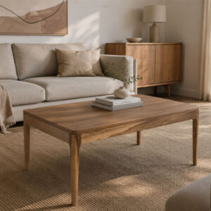 Mesa de centro Helmi enchapada en Peteribí de 90x60x47 cm, diseño moderno y líneas redondeadas.