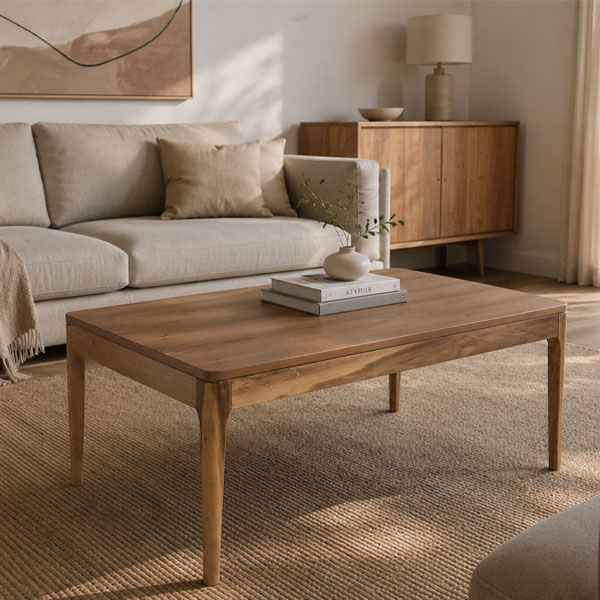 Mesa de centro Helmi enchapada en Peteribí de 90x60x47 cm, diseño moderno y líneas redondeadas.