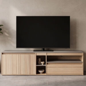 Rack de TV de 200 cm de largo en madera y gris con puertas y cajón abierto sin televisor sobre fondo blanco con cotas de medida.