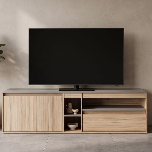 Rack de TV de 200 cm de largo en madera y gris con puertas y cajón abierto sin televisor sobre fondo blanco con cotas de medida.