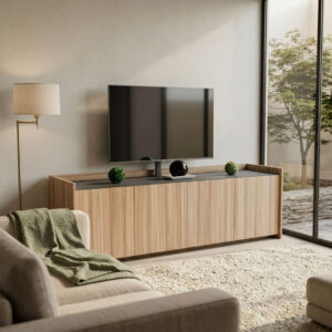 Rack para TV de 1,83 metros con 4 puertas acabado madera Coco Bolo y tapa superior tipo piedra Amberes.