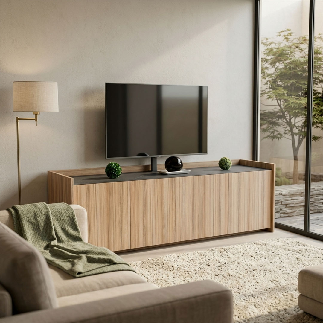 Rack para TV de 1,83 metros con 4 puertas acabado madera Coco Bolo y tapa superior tipo piedra Amberes.