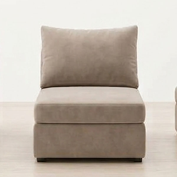 Sillón Elix Módulo 80cm, módulo central de asiento individual sin brazos, tapizado en terciopelo premium taupe sobre suelo de madera clara con fondo blanco.