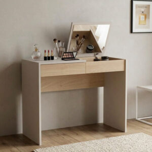 Tocador moderno con espejo rebatible, cajón organizador en madera y diseño en tonos neutros para dormitorio.